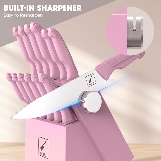 imarku 14-Piece Japanese High-Carbon Stainless Steel Kitchen Knife Set，Pink | Knife Set with Block|15°Precision Edge | 56±2 HRC Hardness | Built-in Sharpener|Ergonomic Handles|Gifts Mom & Dad