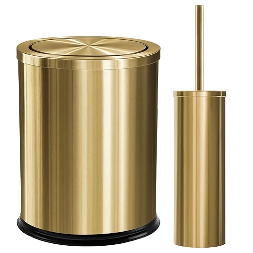 Maxdot 2 Pcs 4 Gallon/15 L Gold Bathroom Trash Can with Flip Lid and Toilet Brush Set, Large Luxury Stainless Steel Garbage Trash Can Wastebasket Bin for Home Office Hotel Bathroom Bedroom Kitchen