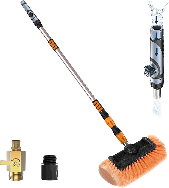 LAANPOLE 12FT Car Wash Brush with Long Handle, Car Cleaning Brush with 12 Inch Soft Bristle and Soap Dispenser, Solar Panels Cleaner with Telescoping Pole for RV, Truck, Boat, House Siding, Orange