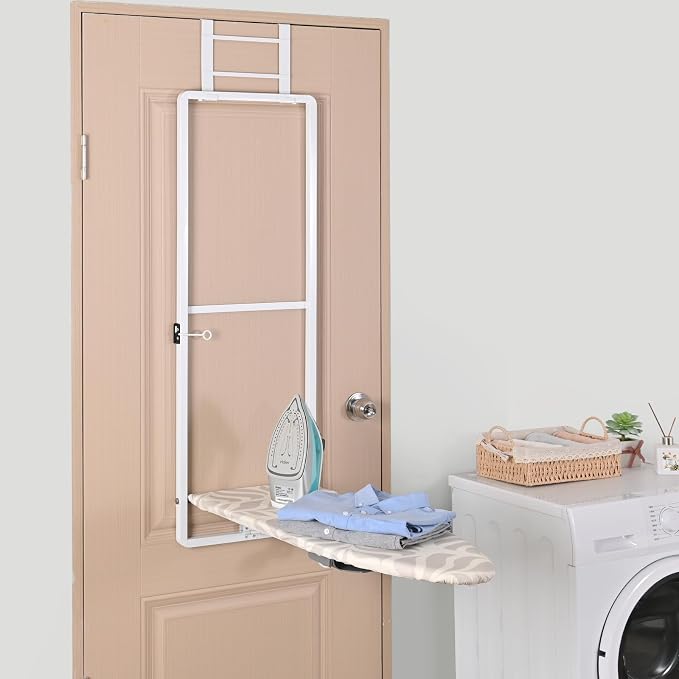 KINGBOARD Over Door Ironing Board, Hanging Ironing Board with Iron Holder, 36" X 12" Compact Fold Down Iron Board for Small Spaces, Removable Heat Resistant Cover, White