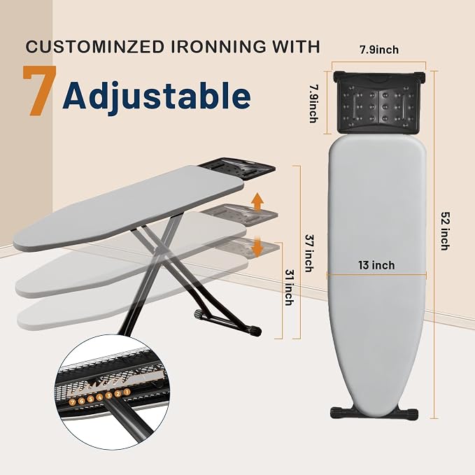 Ironing Board, Adjustable Height Iron Board with Iron Rest, Foldable Metal Iron Table, Heavy Duty Iron Stand with Heat Resistant Cover and Thick Padding, Full Size 44"x13", Grey