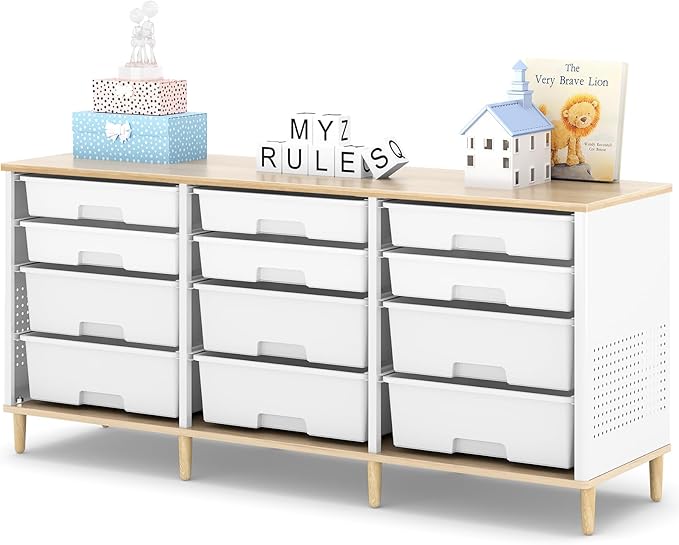 12 Drawers Storage Cabinet with Wooden Top and Plastic Bins, Toy Shelf Storage Chest Cubby Organizer for Home, Office, Playroom, Classroom & Craft Room Storage (White)