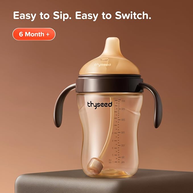 Thyseed Spill-Proof Weighted Straw Sippy Cup, Baby Transition Trainer, Soft Silicone Spout, BPA-Free, 6m+, 10 oz, 1 Pack