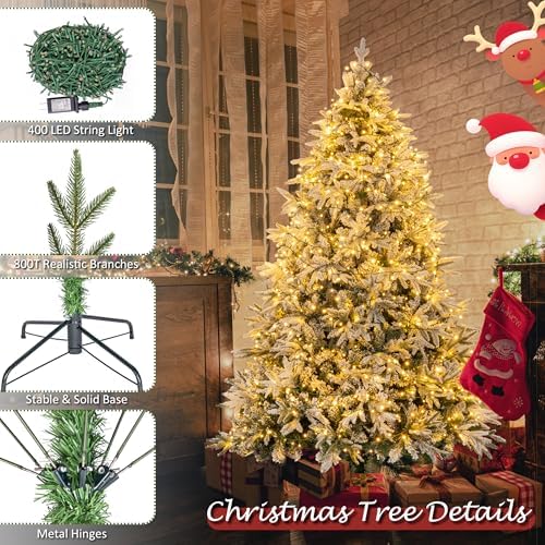 Sunnyglade 6ft Artificial Snow Flocked Christmas Tree with 400 LED Lights