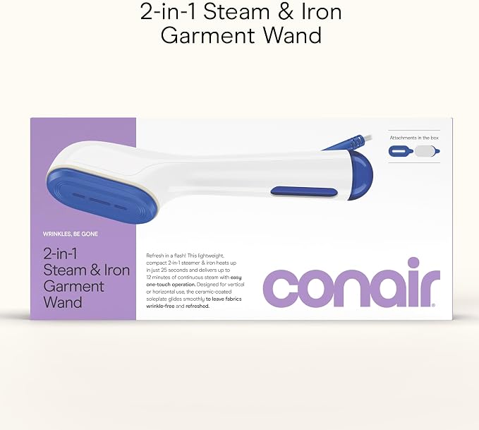 Conair 2-in-1 Steam & Iron Garment Wand, Portable Handheld Fabric Steamer with Ceramic Soleplate, 25-Second Heat-Up, 12-Minute Steam Time, White/Blue, GS47