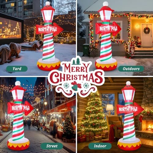 6 FT Christmas Inflatables North Pole Road Sign Outdoor Decoration, Blow Up Street Lamp with Built-in LED Lights, Santa Claus Arctic Road Sign for Holiday Display Lawn Garden Yard Xmas Decor