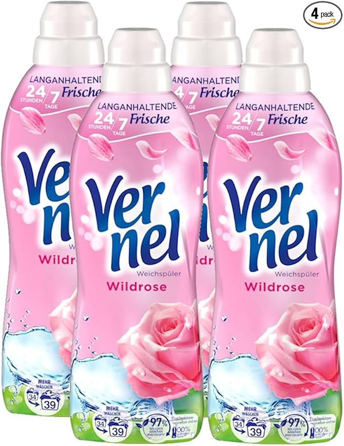 VERNEL Wildrose Fabric Softener, 4 x 39 WL (156 Washes), Washing Fragrance for 24 Hours and 7 Days Long-lasting Freshness with Unique Fragrance Technology, Recyclable Bottle
