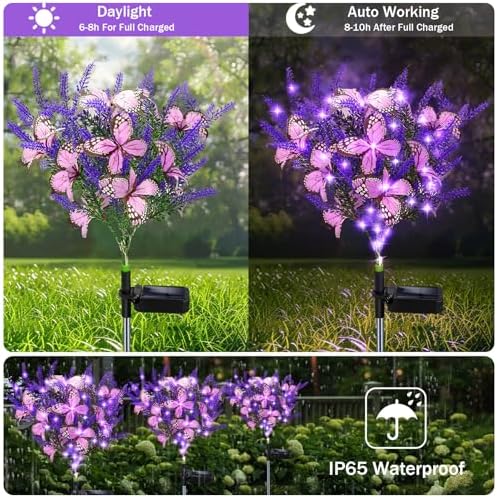 Kohlrabi Solar Garden Lights Outdoor, 4 Pack Purple Lavender Solar Butterfly Lights Gardening Gifts for Women,Artificial Flowers Light Purple Halloween Garden Decor for Patio Yard Lawn Christmas