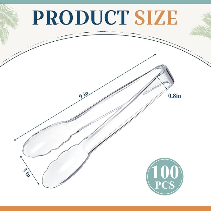 Tessco for you 100 Pcs Plastic Tongs for Serving Bulk, 9 Inch Plastic Disposable Serving Tongs, Heavy Duty Salad Tong for Kitchen, Buffet, BBQ, Events & Catering (Transparent)