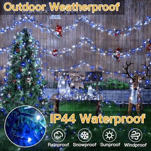 Ollny Christmas Lights, 500LED 164FT Long Christmas Tree Lights with 8 Modes Remote Timer IP44 Waterproof, Outdoor Christmas Lights for Tree House Yard Outside Xmas Decorations (Blue+White)