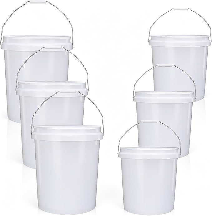 5 Gallon & 2.5 Gallon Plastic Bucket Set with Handle (6 Pack), Water Bucket for Household Cleaning, Car Wash, Plastic Container for Gardening Outdoor Paint Kitchen Storage, DIY Gift, White