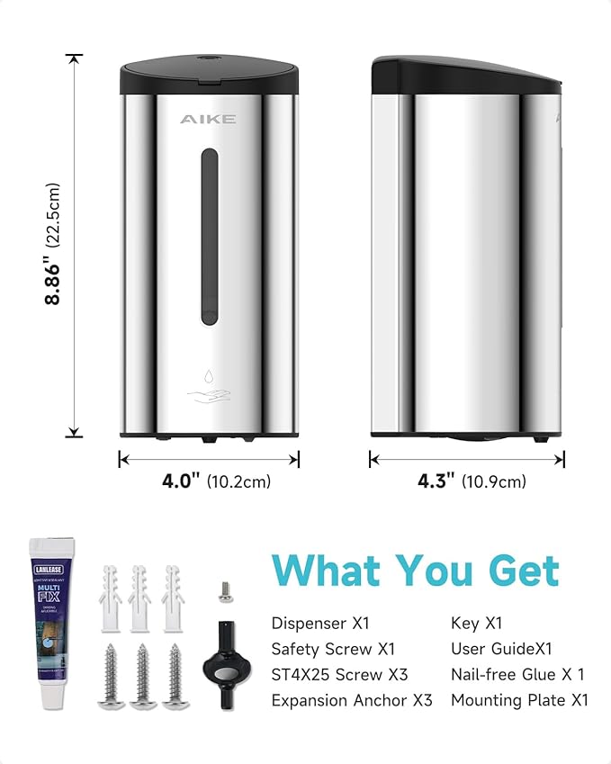 AIKE Automatic Liquid Soap Dispenser,25oz Capacity for Bathroom,Polished | No-Drill and Screw Wall Mount Install Design for Space-Saving,4*AA batteries(Not Included) Ensure Long Standby,Model AK1205E