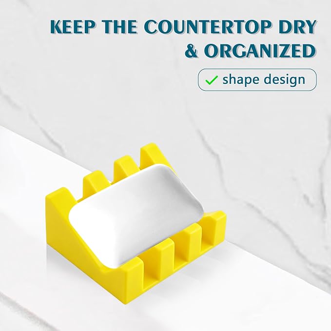 Self Draining Soap Dish Holder,Silicone Soap Dish,for Bathroom,Kitchen, Sponges，Can Extend Soap Life，Keep Soap Bars Dry and Easy Cleaning (Yellow,2-Pack)