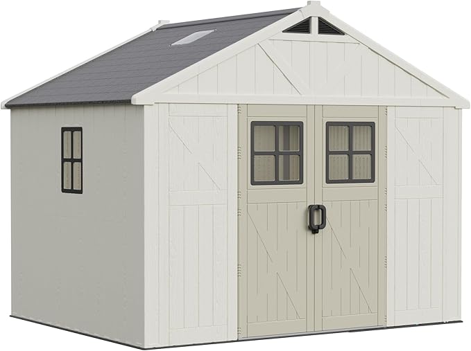 Greesum 10X8FT Plastic Outdoor Storage Shed with Floor and Lockable Door, Resin Sheds with 3-Windows and Multiple Skylights, HDPE Kick-it Shed for Garden, Patio, Backyard, Beige
