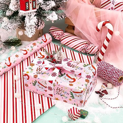 WRAPAHOLIC Reversible Christmas Wrapping Paper - Mini Roll - 17 Inch x 33 Feet - Santa Claus Cup and Stripe Wrapping Paper for Chrsitmas, Holiday, Party Celebration