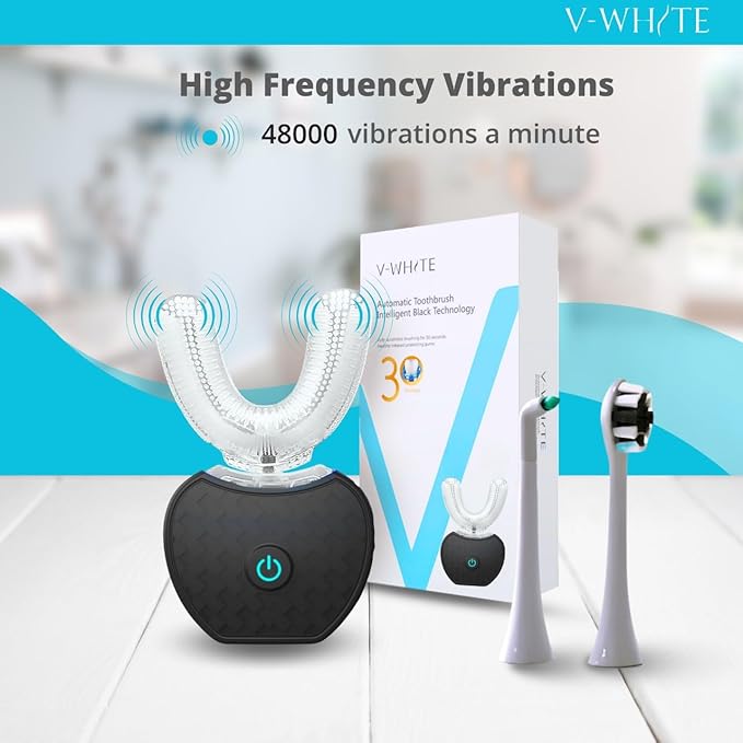 V-WHITE Adults Auto Brush Ultrasonic U-Shaped Toothbrush – 360° Teeth Cleaning, Hands-Free Electric Autobrush – Gum Protection, Waterproof IPX7, Wireless Charging