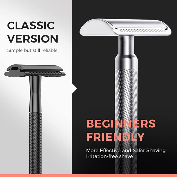 Double Edge Safety Razor, Metal Razor Includes 10 Double Edge Blades | Classic silver finish with a clean metallic look that complements any grooming setup.