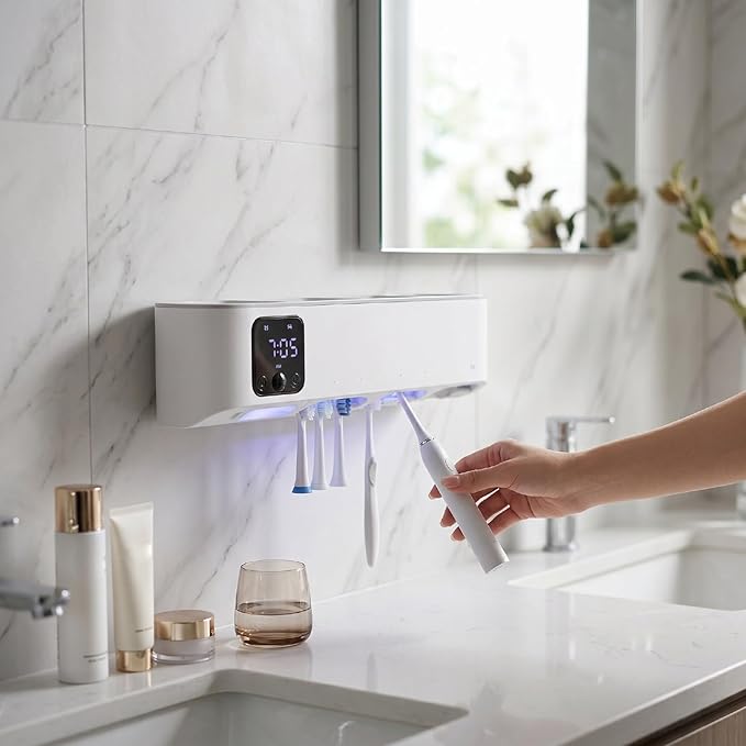 Yctze Electric Toothbrush Cleaner Holder UVC Sanitizer Wall Mounted with LED Display 3 Modes Auto Cleaning for 5 Toothbrushes Shower Bathroom