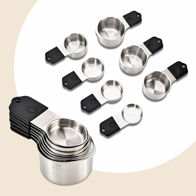 EDELIN Magnetic Measuring Cups and Spoons Set, Stainless Steel 7 cup and 7 spoon with 1 Leveler, 18/8 304 stainless steel (Black 15 sets)