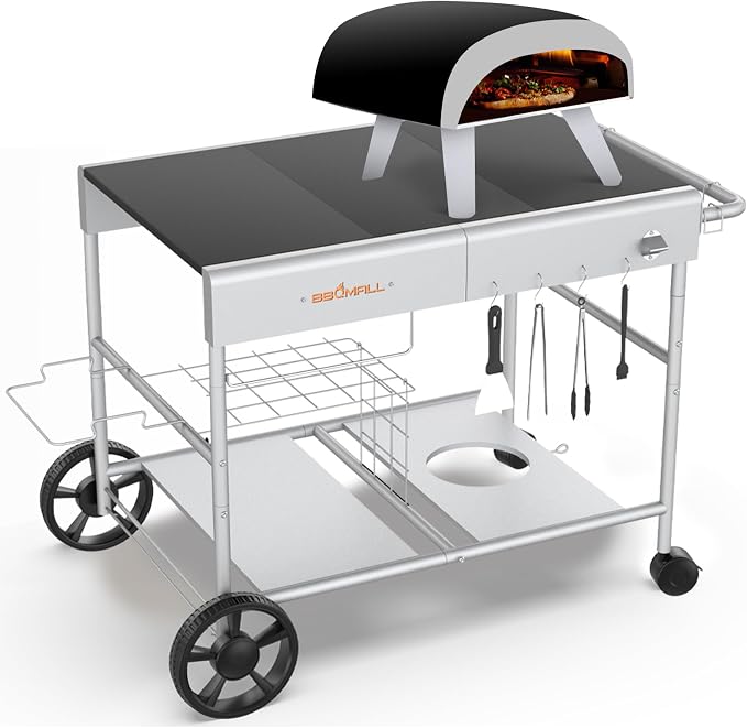 Pizza Oven Table for Ooni, Ninja and Blackstone | Thickened rolling kitchen stand with wider prep space for Koda, Karu, Fyra, griddles and BBQ tools
