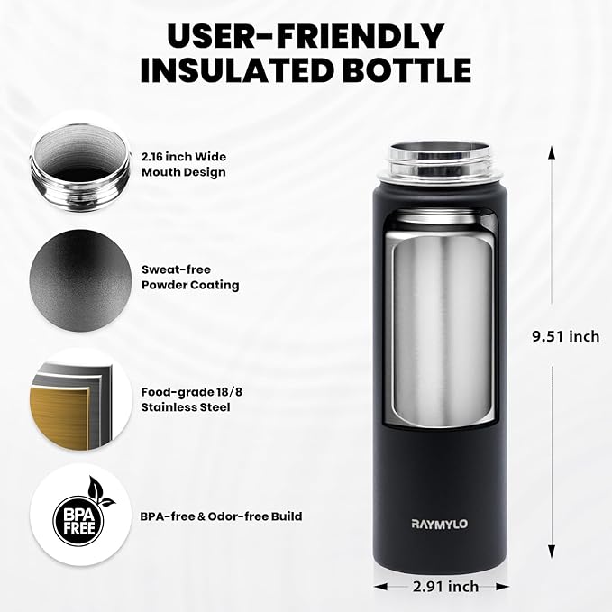 RAYMYLO Insulated Water Bottle 20 oz, Triple Wall Vacuum Stainless Steel (Cold for 24Hrs, Hot for 12Hrs), Leak Proof & Non-BPA, Modern Water Bottle Jug for School with Straw Spout Lids