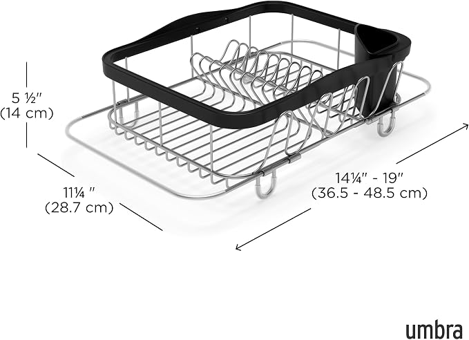Umbra Sinkin Dish Drying Rack, in Sink or on Counter Drainer, Black/Nickel | Durable steel wire frame, rubber coated feet, low profile design, plastic base