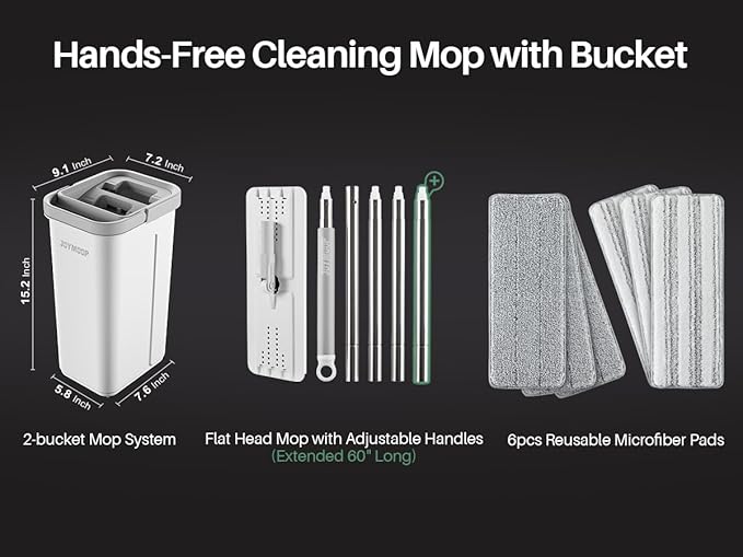 JOYMOOP Microfiber Flat Mop System with Bucket, White, Hands-Free Floor Cleaning Set, Wet and Dry Use, 6 Reusable Pads