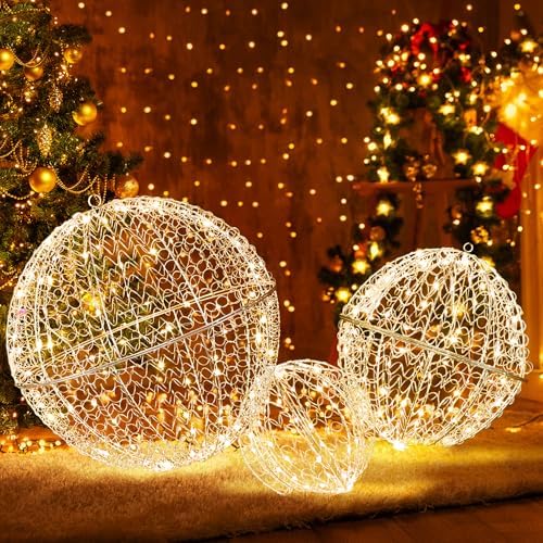 Tangkula 3 Pack Christmas LED Light Balls for Tree, Metal Sphere Lights