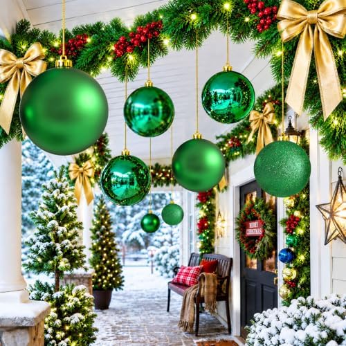 Jenaai 12 Pcs Large Green Christmas Ball Ornaments, 6 Inch Big Oversized Shatterproof Christmas Tree Decorations Matte Glitter Giant Jumbo Plastic Hanging Baubles for Xmas Holiday Party Indoor Outdoor