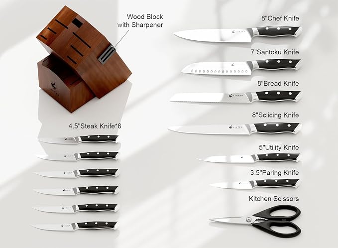 Knife Set with Block - Kitchen Knife Set German High-Carbon Stainless Steel with Built-in Sharpener - Full Tang, Triple-Rivet Ergonomic Handle - Holiday Gift Idea - 15-Piece, Falcon Series.