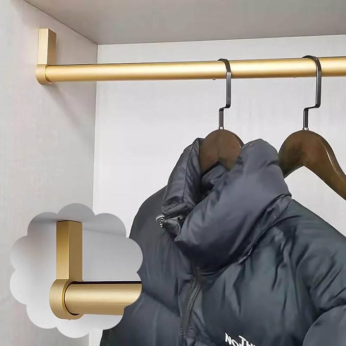 Closet Rod Brushed Gold Clothes Hanging Rack Rod Ceiling/Wall Mount, Small Space Silent Closet Hanger Bar Organizer, Heavy Duty Round Pole Garment Rail(125cm (49 in))