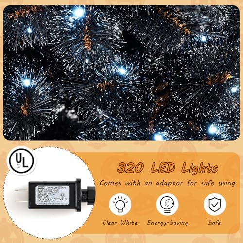 HAPPYGRILL 7 FT Pre-lit Black Christmas Tree, Artificial Halloween Tree w/572 Branch Tips, Frosted Pine Needles, 320 White LED Lights, Folding Metal Stand & Gloves, Hinged Xmas Tree for Carnival