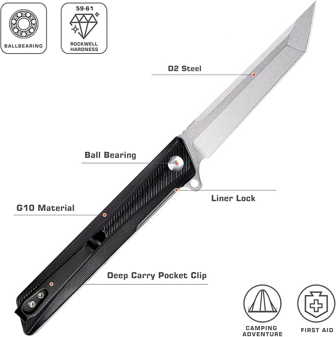 Pocket Knife GD22K, Flipper Open D2 Steel Tanto Folding knife with Durable G10 Handle,Men Women Everyday Carry EDC Knife,Sharp Camping Hiking Daily Work Knives