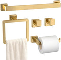 Bathroom Accessory Towel Bar Set: 5 Pieces Gold Bathroom Hardware Square SUS304 Stainless Steel - 24 Inch Wall Mounted Towel Rack&Toilet Paper Holder&Towel Ring and Towel Hook