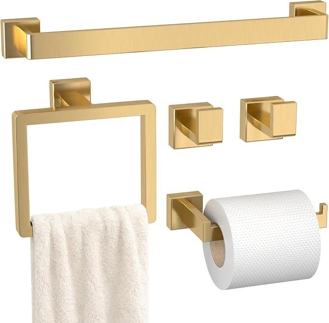 Bathroom Accessory Towel Bar Set: 5 Pieces Gold Bathroom Hardware Square SUS304 Stainless Steel - 24 Inch Wall Mounted Towel Rack&Toilet Paper Holder&Towel Ring and Towel Hook