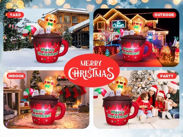 6FT Christmas Inflatables Outdoor Decorations, Gingerbread Christmas Inflatable Hot Cocoa Mug with Built-in LEDs Blow Up Christmas Decoration for Garden Lawn Yard Patio Xmas Inflatable