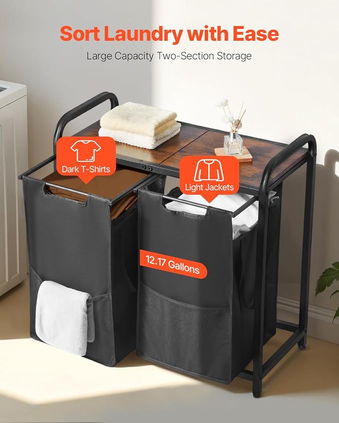 VEVOR 2 Section Laundry Sorter, Large Laundry Hamper with Metal Frame and Wooden Tabletop, Freestanding Storage Organizer Baskets with Pull-Out 600D Oxford Cloth Bags for Dirty Clothes, Bathroom