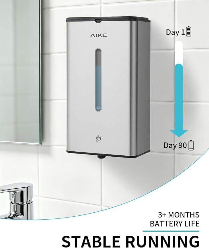 AIKE Automatic Foaming Soap Dispenser 33.8oz for Bathroom,Brushed AK1207FA | Rich Foam and Steel Finish,5-Level Adjustable and Key for Commercial(Battery Not Included),Screw Wall Mount for Space-Saving