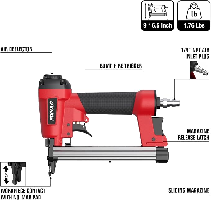 POPULO Pneumatic Staple Gun, Air Staple Gun with 3000 Staples and Safety Glasses, T50 Stapler for Upholstery, Woodworking, DIY, or Material Repair (Air Compressor Not Included)