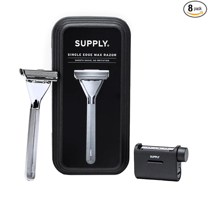 SUPPLY Single Edge Max Razor for Men – Premium Metal Single-Blade Safety Razor with Pivoting Head for Fewer Cuts and Irritation – Includes 8 Blades & Magnetic Reload System – Sterling