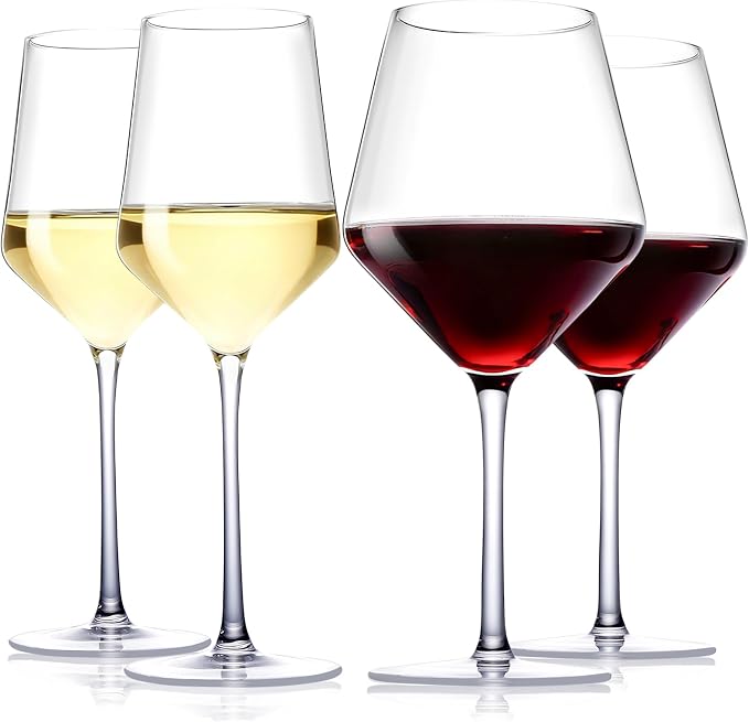 Physkoa Wine Glass Set of 4 – 2 Red (23oz) & 2 White (14oz) Hand-Blown Crystal Glasses with Corkscrew, Perfect Gifts for Birthday, Engagement, Wedding & Housewarming Mother's Day