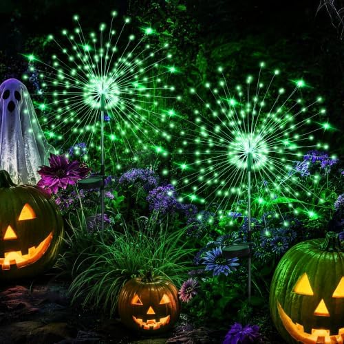 GIGALUMI 2 Pack Solar Firework Lights Outdoor, Halloween Decor, Green