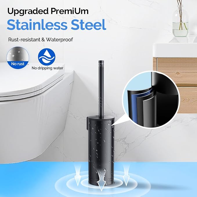 HAMITOR Toilet Brush and Holder Set: Stainless Steel Heavy Duty Bowl Cleaner Brush - Deep Cleaning Under Rim Curved Bristle - Space Saving Wall-Mounted for Home RV Bathroom Accessories Black 2 Pack