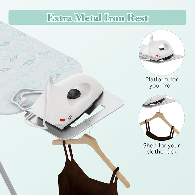 COSTWAY Ironing Board Full Size, Foldable Iron Table w/Rest, Height Adjustable, Removable Cover, Heavy-Duty Metal, Compact and Space Saver Iron Board for Living Room, Laundry (Turquoise Leaves)