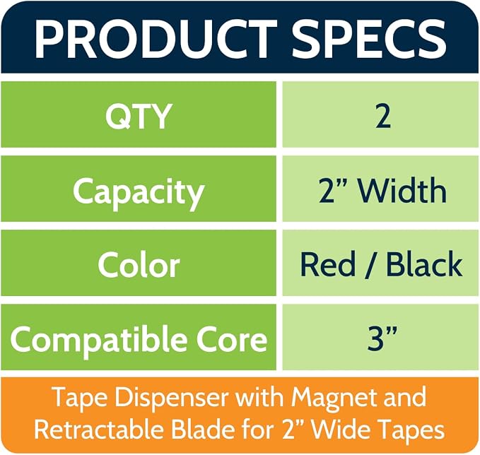 PSBM Heavy Duty Packing Tape Dispenser, 2 Inch Wide, 2 Count, Sealing Cutter, Magnetic Retractable-Blade Tape-Gun Dispenser Used for Warehouse Storage Packaging