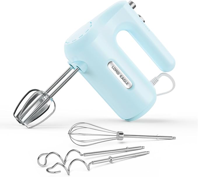 Lord Eagle 5-Speed Hand Mixer Electric, 300W Compact Handheld Mixer, Portable Kitchen Egg Beater with 5 Attachments & Storage Bag, Cake Supplies for Bread Dough Baking, Lightweight, Blue