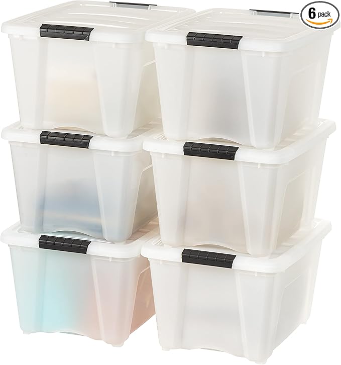 IRIS USA 32 Qt Stackable Plastic Storage Bins with Lids, 6 Pack - BPA-Free, Made in USA - Discreet Organizing Solution, Latches, Durable Nestable Containers, Secure Pull Handle - Pearl