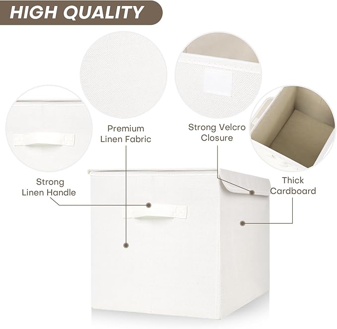Bagnizer Large 22 Quart Linen Fabric Foldable Storage Bin Cube Organizer Basket with Flip-Top Lid & Handles, Clothes Blanket Box for Home, Office, Closet, White, 4 Pack 14.6 x 9.5 x 9.5”