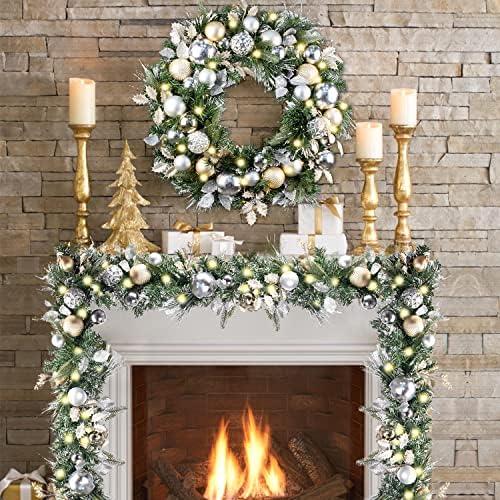 WANNA-CUL Pre-Lit 9ft Christmas Garland with Lights 50LED Pale Gold Baubles