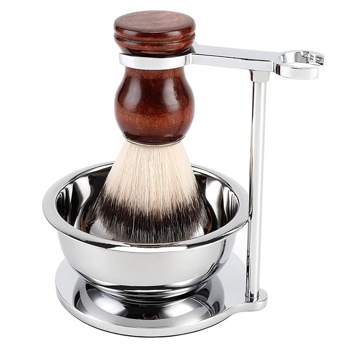 Deluxe Stainless Shave Razor Stand + Shaving Soap Bowl with Shaving Brush,Compatible with Gillette Fusion,Double Edge Safety Razor,Cartridge Razor